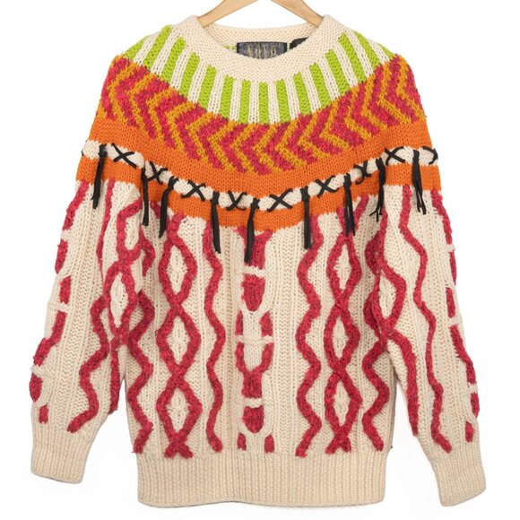 NOVO Vintage 1980s Hand Knit Wool Sweater Med Bold Neon Geometric Pattern - Picture 8 of 9